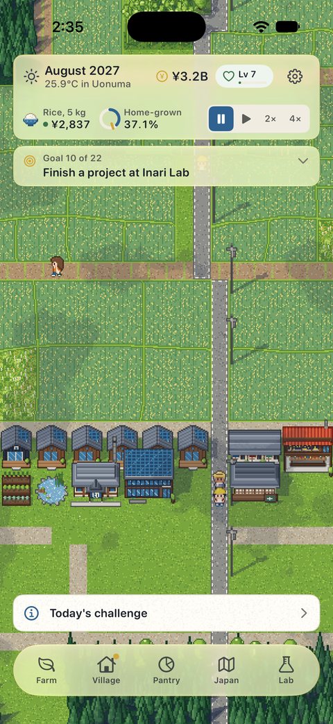 The commons in gohanSim: tiny houses, a row house, a bathhouse and a coworking hall below the paddies