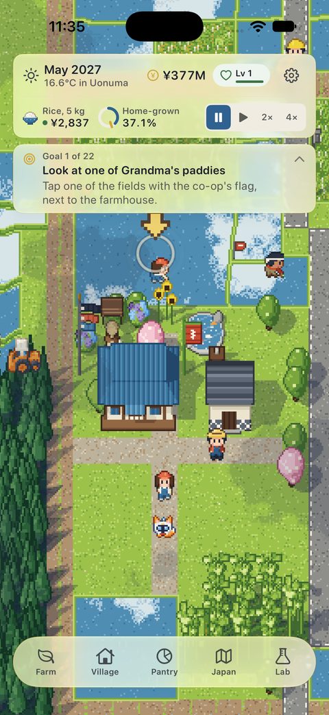 The farm in May in gohanSim, with decorations and a blue roof