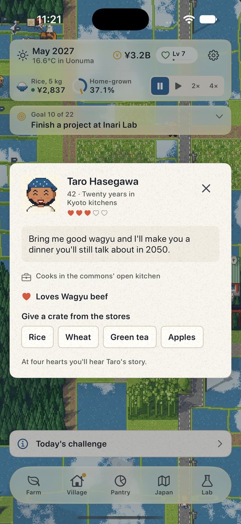 Talking to Taro, a neighbour in the commons, in gohanSim: what he says this month, the food he loves and a crate to give him